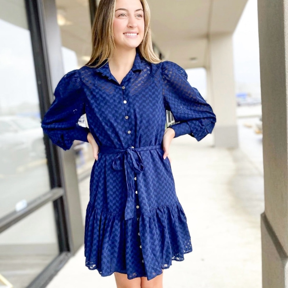 This is a navy blue long sleeve dress
sizes available: XS, S, M, and XL